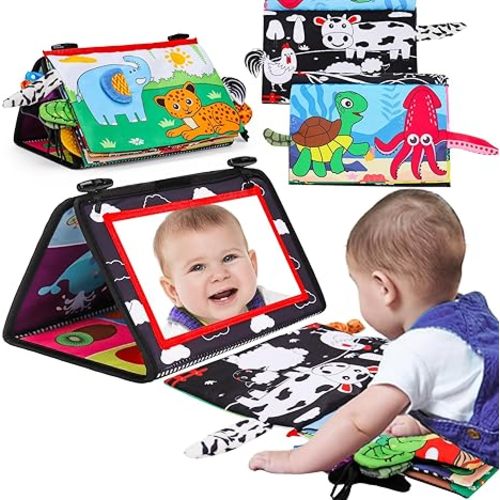 Baby Mirror Tummy Time Toy with Crinkle Cloth Book