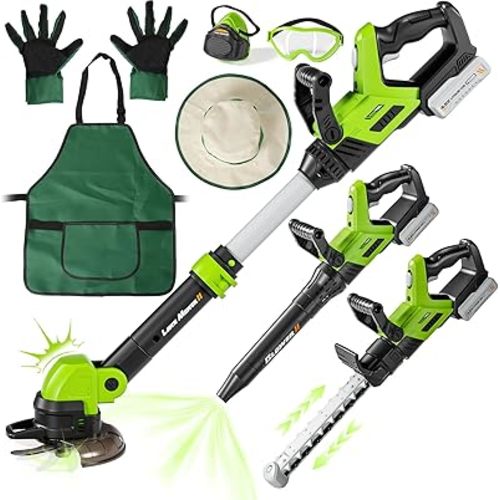 UPGRADED Kids Tool Set, 3-IN-1 Toddler Power Garden Tools with Sounds & Lights, Volume+/-, Toy Weed Wacker, Leaf Blower & Hedge Trimmer, Hat, Gloves, Apron, Toy Tools Christmas Birthday Gifts for Boys