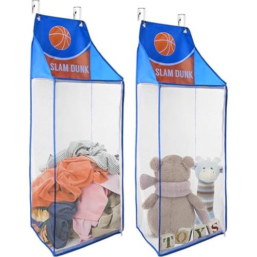 SPINFOX 2 Pack Over the Door Laundry Hamper, Hanging Basketball Laundry Hamper with Zipper, Foldable Mesh Laundry Bakset for Dirty Cloth Toy Towel Saving Space Storage and Organization - Basketball