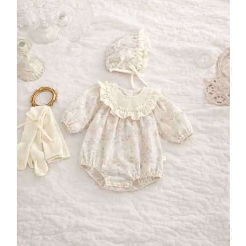 Vintage Floral Baby Romper & Bonnet | Ruffle Collar, Long Sleeve Outfit girls