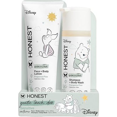 The Honest Company 2-in-1 Cleansing Shampoo and Body Wash, Face Lotion Bundle, Disney Design, Gentle for Baby, Dermatologist Tested, Sensitive Fragrance-Free, 18.5 fl oz
