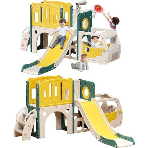 Toddler Slide Kids Slide Playset for Babies Bus Themed Toddler Playground with Climber Baskteball Hoop Indoor Playground Outdoor