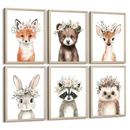 Woodland Animal Nursery Wall Art Decor Baby Girl Room Pictures Floral Crown Animal Canvas Wall Art Decor Safari Bear Fox Poster Floral Nursery Prints Artwork for Kids Bedroom 8x10x6 Inch Wood Framed