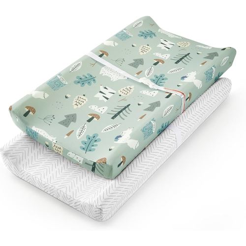 TILLYOU Changing Pad Cover Set in Soft Jersey Material - Fits 32"/34''x16 Contoured Pad for Babies, Jungle Walk and White Stripes