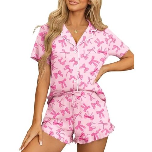 Ekouaer Womens Pajama Sets Button Down Short Sleeve Top and Shorts Cute Pjs Sets Sleepwear