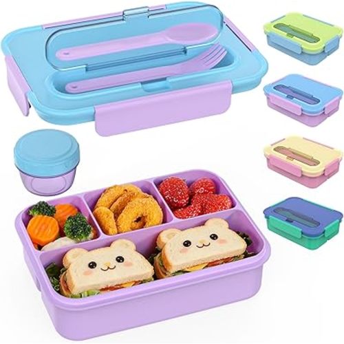 Caperci Bento Box for Kids - 50oz Larger Lunch Box Containers for Kids, Reinforced Leakproof, Built-in Sauce Cup, Utensils, 4 Compartments, BPA-Free Microwave & Dishwasher Safe (Lavender Pop)