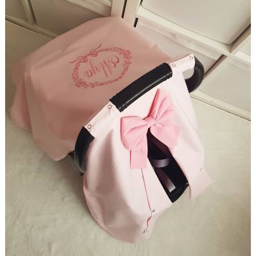 Light Baby Pink Carseat Cover Baby Girl with Sugar Pink Bow and Name Embroidery , Personalized Baby Car Seat Canopy Girl , Baby Girl Gift