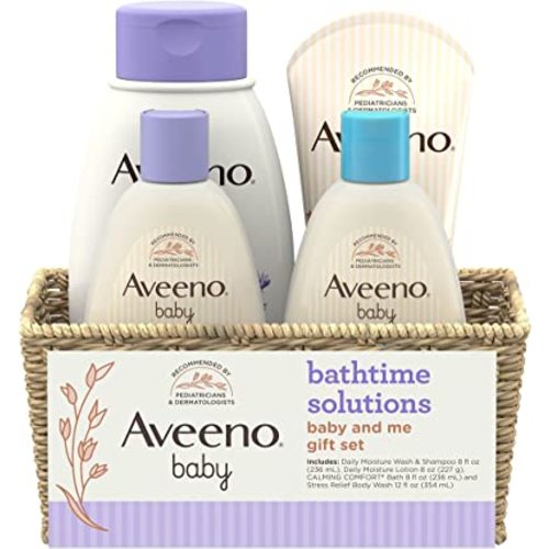 Aveeno Baby Mommy & Me Daily Bathtime Gift Set Including Baby Wash & Shampoo, Calming Baby Bath & Wash, Baby Moisturizing Lotion & Stress Relief Body Wash for Mom, Soap-Free, 4 Items