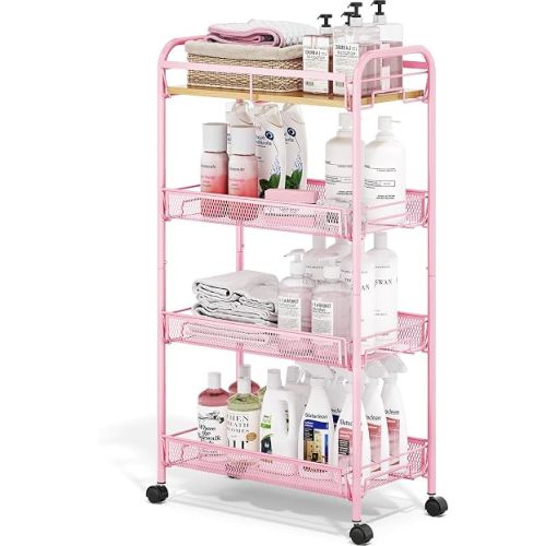 TOOLF 4-Tier Rolling Cart, Metal Utility Cart, Slide Out Storage Cart with Wooden Tabletop and Mesh Baskets, Easy Assemble Trolley for Kitchen Bathroom Laundry Room Bedroom Apartments Dormitory