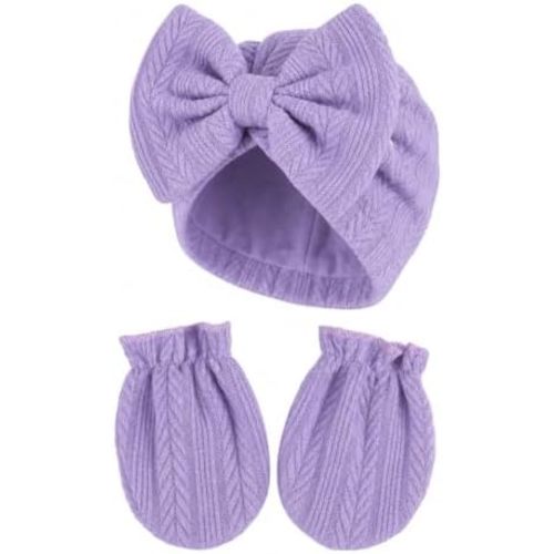 Newborn Baby Girl Hat Mittens Preemie Soft Hospital Bow Hats Beanie No Scratch Gloves for Infant New Born Girls 0-3 Months