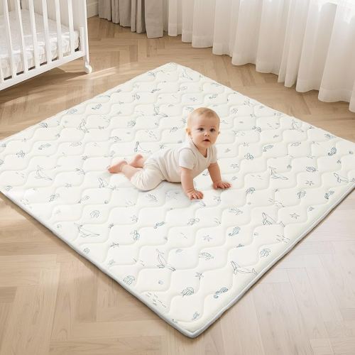Play Mat for Baby, Soft Foam Floor Pads, 50"x50" Tummy Time Play mat for Infant and Toddler, Portable Foldable Puzzle Mat for Nursery, Outdoor Yard or Playpen (Ocean Ivory)
