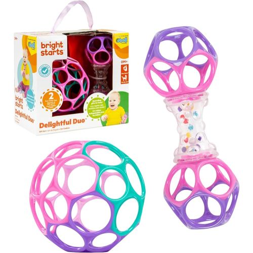 Bright Starts Delightful Duo 2-Pack Gift Set with Easy-Grasp Oball Rattles, Pink, Baby Toys for Newborn and Up