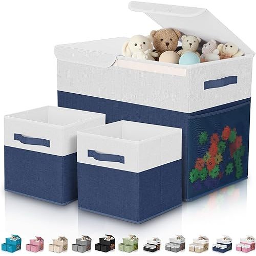 3 Pack 23" Large Toy Storage Box with 11" Cubes Bins, Collapsible Toy Organizer Chest with Lids for Kids Nursery Playroom Bedroom Living Room Christmas Ornament Storage Box(Navy White)