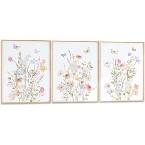 3 Pcs Wartercolor Wildflower Canvas Wall Art Butterfly Painting Poster Wall Decor Wildflower Butterfly Pictures for Living Room Nursery and Girl's Bedroom Room Decoration 12*18(Poster No Frame)