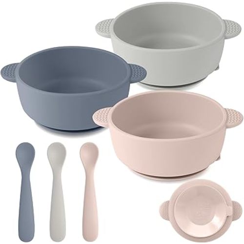 Silicone Baby Feeding Set, 3 Pack Baby Bowls with Suction and 3 Pack Baby Spoons for Babies Toddlers Kids, BPA Free, Baby Utensils Feeding Supplies, Microwave and Dishwasher Safe