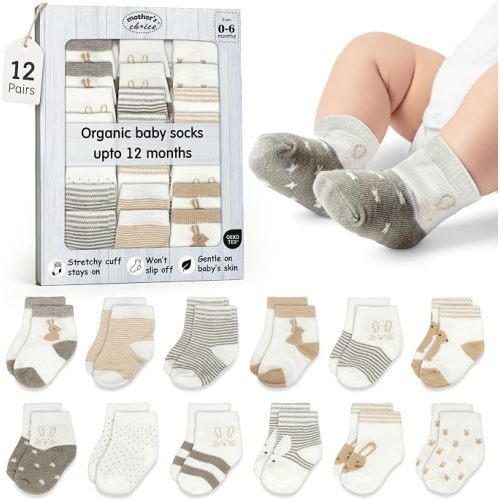 Organic Cotton Blend 12 Sock Shoes for Babies 0-6 M Gift Registry |Brown-Gray Bunnies