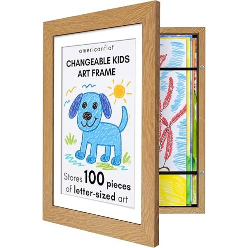 Americanflat Kids Artwork Frame Changeable (Dark Oak) - Magnetic Door Holds 100 Art Pieces - 8.5x11 Letter Size Display with Mat or 10x12.5 Without Mat - My Mini Masterpiece