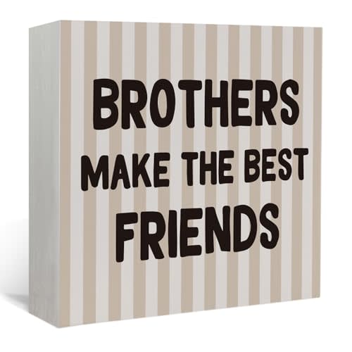 Lacama Boy Nursery Decor Wooden Box Sign, Brothers Make the Best Friends Decorations Wood Block Signs, Retro Neutral Striped Wood Sign for Toddler Boys Room Playroom Desk Shelf Wall Decor 5x5 Inches