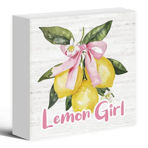 Luipk Coquette Trendy Pink Bows Wood Box Sign Desk Decor, Girly Lemon Theme Decor, Balletcore Aesthetic Room Wooden Block Sign Decorations for Girl College Dorm Apartment Wall Tabletop Shelf Decor