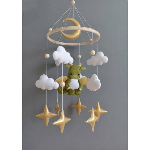 Dragon Baby Crib Mobile – Green Felt Dragon with Gold Moon / Stars, Clouds – Fantasy Nursery Decor, Baby Shower Gift