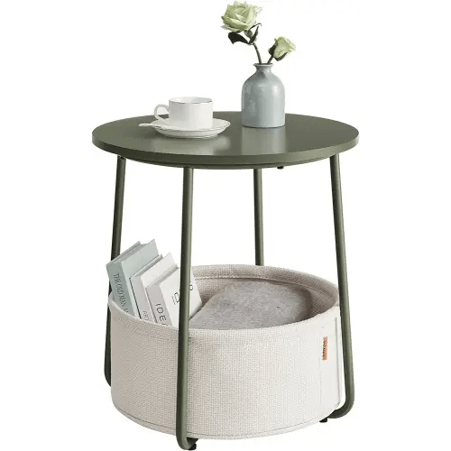 VASAGLE LILEA Collection - Small Round Side End Table, Modern Nightstand with Fabric Basket, Forest Green and Cream White ULET223C80