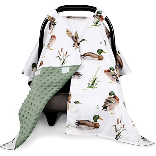 Green Car Seat Cover Baby Boy, Peekaboo Infant Car Seat Cover Summer, Multi-Use Newborn Carseat Canopy, Nursing Cover, Blanket, Mallard Duck