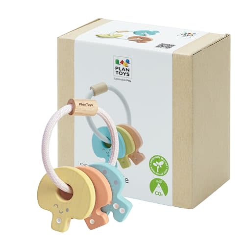 PlanToys® Wooden Pastel Baby Key Rattle Montessori Sensory Toy for Newborns | pastel wooden baby key rattle, montessori sensory play, fine motor visual auditory development, infant newborn grasping toy g