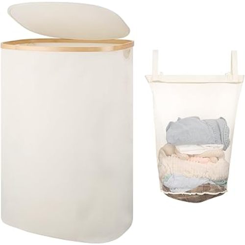 Slim Laundry Basket with Lid, 80L Narrow Laundry Hamper with Removable Bag, Clothes Hampers for Laundry with Bamboo Handles for Bathroom, Bedroom, Dorm & Laundry Room