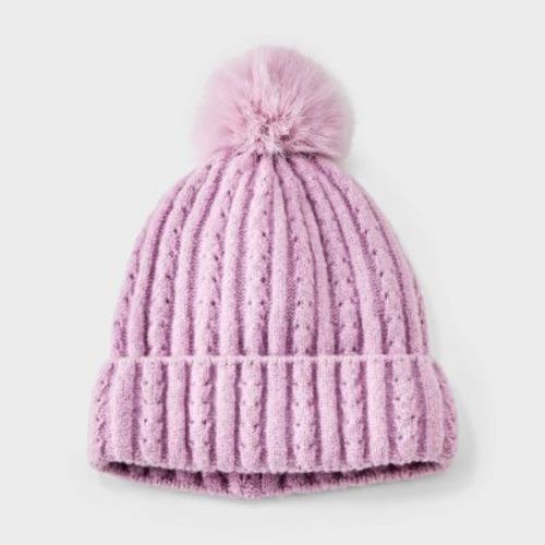 Girls' Pointelle Pom Knit Beanie Hat - Cat & Jack™ Purple
