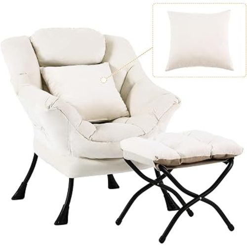 Lazy Chair with Ottoman, Comfy Reading Lounge Chair with Footstool & Throw Pillow Modern with Armrests & Side Pocket for Living Room, Bedroom, Dorm Room, Velvet Beige