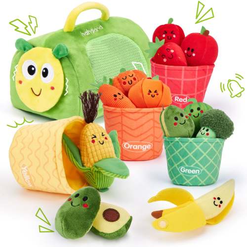 hahaland Montessori Toys for 1 Year Old - Color Sorting Fruits & Veggies Sensory Baby Toys 6-12 Months, 17 PCS Plush Play Food with Caterpillar Storage Bag, Baby Stocking Stuffers First Learning Gifts
