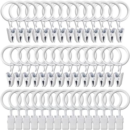 44 Pack Matte Silver Curtain Rings with Clips, Curtain Hooks Hangers Clip Rings for Hanging Drapes Bows Hat, Drapery Rings 1 in I D, Fits up to 5/8 in Diameter Curtain Rod.