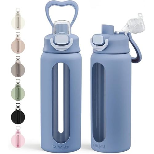 Glass Water Bottle with Silicone Sleeve 24oz with Lid, Motivational Time Marker, Drinking Hydration Glass Bottles for Men Women, Gym Travel Sports (Blue)