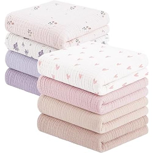 Susurration Muslin Baby Washcloths 23x23inch, Large Ultra-Absorbent 100% Cotton Baby Bath Wash Cloth Burp Cloth Soft Breathable Face Towel for Newborn Baby Boy and Girl, 8Pack (Flowery)