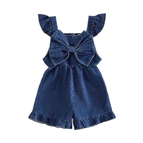 Mobbdow Toddler Baby Girl Summer Clothes Bow Ruffle Sleeveless Denim Romper Jumpsuit Shorts Overalls One Piece Outfit