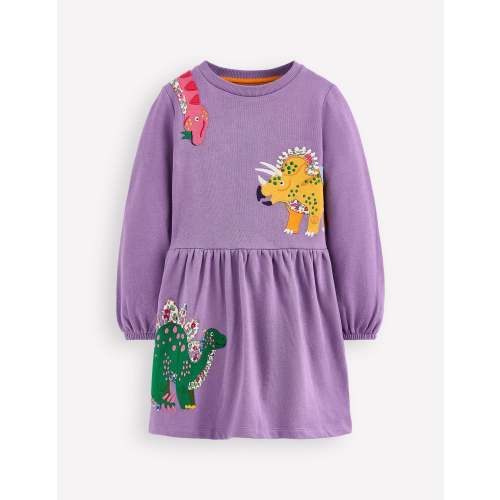 Applique Sweatshirt Dress-Aster Purple Dinosaurs