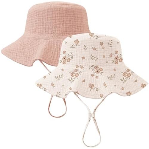 Konssy 2-Pack Muslin Baby Girl Sun Hats with Wide Brim, UPF 50+, 0-6& 6-12M