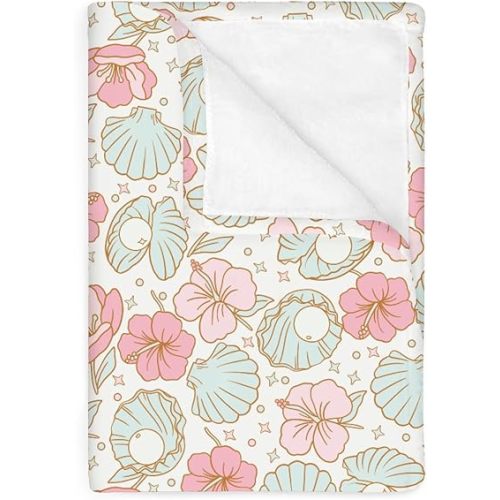Boho Summer Mermaids Floral Baby Blankets for Boy Girl Beach Seashells Conch Tropical Flowers Soft Flannel Nursery Bed Blanket for Infant Toddler Crib Ocean Marine Swaddle Receiving Blanket 30x40inch