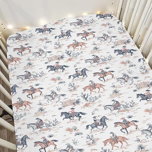 Western Cowboy Baby Crib Sheets for Boy Girl 28"x52" Cowboy Horse Soft Stretchy Fitted Crib Mattress Cover Wild West Desert Baby Sheet Fits Crib and Toddler Bed Mattresses
