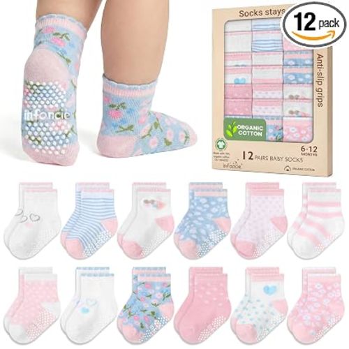 GOTS Certified Organic Cotton Rich Blend Baby Socks 12 Pairs For 6-12 (M) Baby Girl Soft, Stretchable & Comfortable Socks For Newborn, Adorable Sock Girls, Gift For Infant, Pink