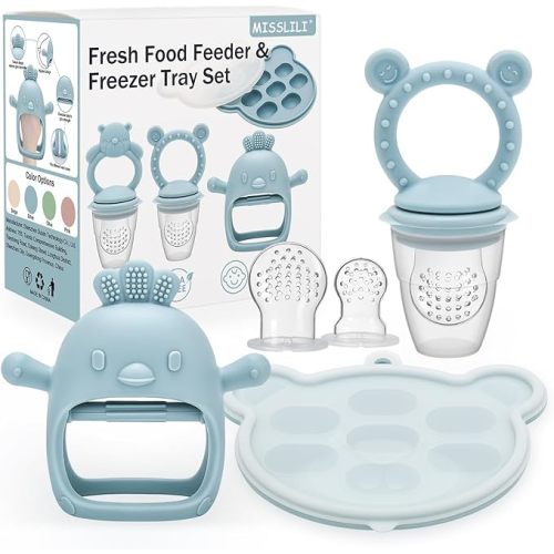 3 Pack Silicone Teething Mitten for Babies with Baby Fruit Food Feeder & Freezer Tray Set, BPA Free Infant Teething Relief Toy for 3 Month+, Additional Silicone Sacs