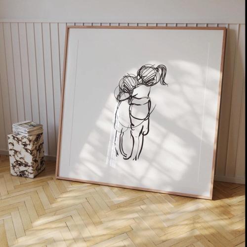 Sister Hug Line Drawing Art Print, Family Bond Poster