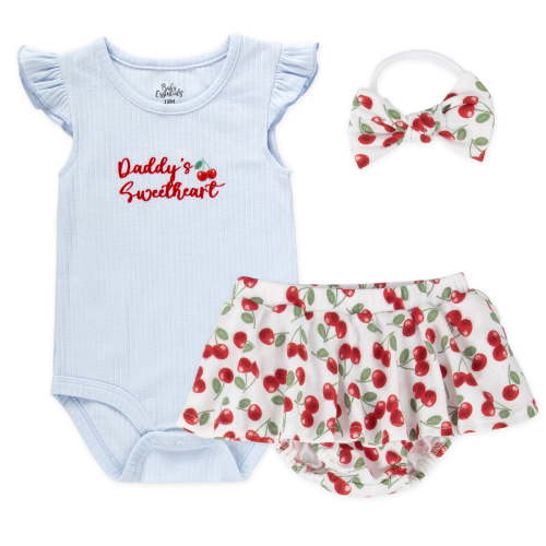 Baby Essentials 12 Months Infant Toddler Girls 3 Piece Bodysuit, Bloomers, Headband Hairbow Cotton Polyester Spring Summer Outfit in Red Cherries