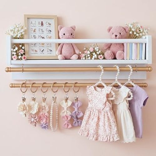 Qunclay Nursery Floating Shelves with Rod, White Gold, 15.7 Inch, 1-Tier