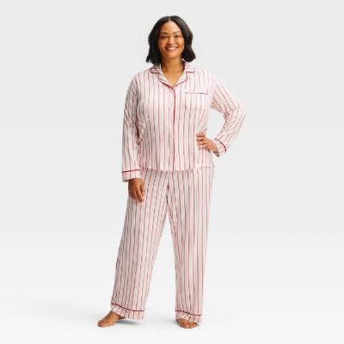 Women's Cloud Knit Modal Long Sleeve Notch Collar Top and Pants Pajama Set - Auden™ Red/Cream Striped 1X