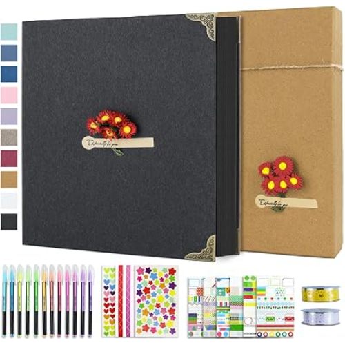 Vienrose DIY Scrapbook Photo Album Kit with Stickers, Pens, Tapes, 60 Pages Hardcover Memory Book, 12x12 Inch 3 Ring Binder with Black Pages, Guest Book Gift for Wedding, Travel & Anniversary Black