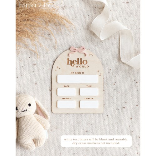 Wooden Ribbon Bow Baby Birth Announcement Sign | Milestone Card, Baby Shower Gift, Hello World Sign, Nursery Decor, Birth Announcement Board