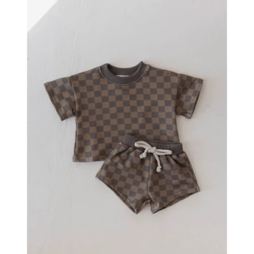 Forever French Baby Short Set- Faded Brown Checkerboard 12-18M