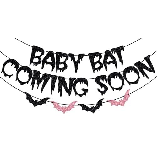 Baby Bat Coming Soon Banner, Bat Themed Babies Shower Decoration, Halloween Gender Reveal Decorations, Batty for Baby Gothic Boy Girl Birthday Party Decorations Black & Pink Glitter