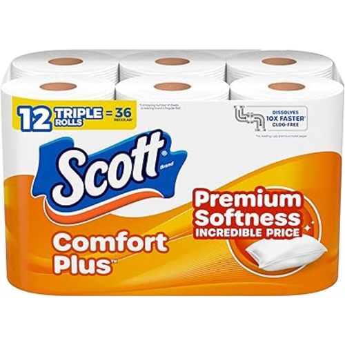 Scott ComfortPlus Toilet Paper, 12 Double Rolls, 231 Sheets per Roll, Septic-Safe, 1-Ply Toilet Tissue